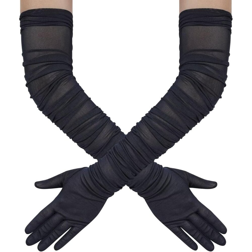 Women's Navy Blue Stretchy Tulle Spandex Sheer Satin Long Gloves Party Prom